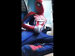 spiderman jerk and cum on my friend costume