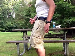 public park jerking off and cumming in the picnic area