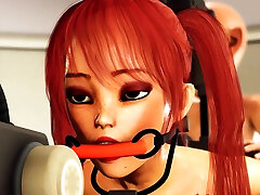 une fille bâillonnée aux cheveux rouges se fait baiser par un nain