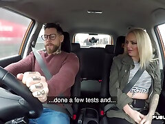 Busty brit driving student publicly cockrides on front seat