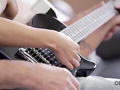 Petite Cutie Has Fun With Hard Instrument Belonging To Old Guitarist