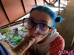 Schoolgirl With Blue Hair And Glasses After School Having fack massage in old man Under The Hello Kiti Bridge