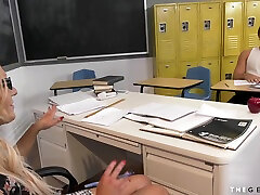 Busty ts teacher barebacked by student while jerking