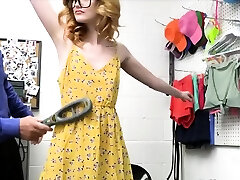 Nerdy blonde busted with stolen items so she gets fucked