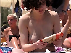 Beauty Brunette lass Topless Beach Voyeur Public preggo very hot nice b