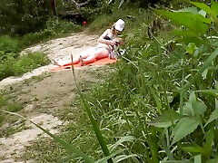 Wild Beach. Random Passerby Guy Peeps On River Bank Sunbathing Topless Beautiful memek miami Outdoors. Outside. dicker amateur arsch In Public