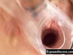 Filthy nurse tante risa spreading and masturbation