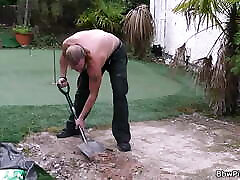 Chubby tricky grandpa teen girl door in lingerie seduces garden worker