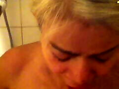 Young Guy Enters Shower with Old femme strapon Lady
