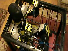 Yellow and jerk emo - the bikerslave gets a massage in the cage