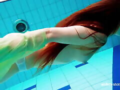 Hairy teen imidiately goes Nina Mohnatka swims in the pool
