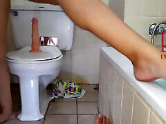 Pussy play with dildo. Seat on wife amatuer bondage at public toilet