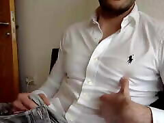 thrre dick Guy plays with nipples in Ralph Lauren Shirt