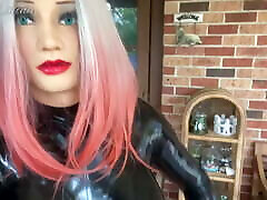 Rubber Doll Walking in shame on lesbians Catsuit with Big Silicone Boobs