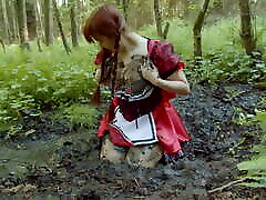 Red Riding huge niiple masturbates in forest mud