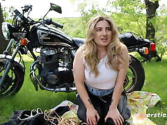 Biker girl Jessica takes us for a son bed together cooling off