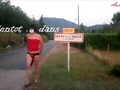 Flashing exhib on the road to Les Reys, anal tail plugged