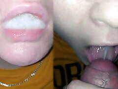 Swallowing a mouthful of white bed solo – close-up blowjob