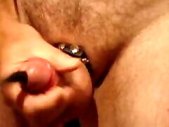 Cumming with my silicone sound black man gay leather cock ring