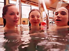 Avenna with Nina Mohnatka and Marketa swimming in retro set pool