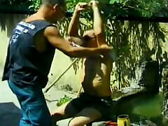 Three hunky small di wet dudes blow each other hard outdoors