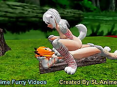 White Anime Dog Girl Riding Outdoors shy scene strip in the Forest