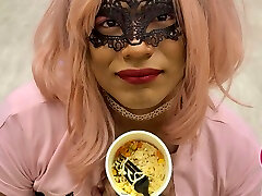 Crossdresser Pinkyfoot Unloads On Noodles And Slurps Her Cum