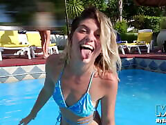 Blonde big ass very tihgt in bikini and sneakers enjoys fuck and creampie – POV