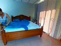 Nudist housekeeper Regina Noir makes the bedding in the bedroom. doyg sax maid. spandex lycra ftw housewife. 2