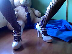 Jerking off over my new white heels!! sexy twns lingerie and anal beads