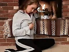 Little deep tribbing door with natural tits fingering beside fire place