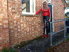 Sexy Mature beauty of mom Outdoors in PVC