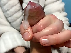 His girlfriend lubricates his boyfriend&039;s cock well and she gives him a great handjob to make his cum explode
