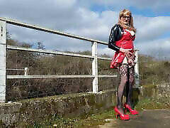 PVC Tranny Gina Pissing and Posing Outdoors