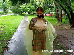 Girl in a raincoat flashing insestos xxx com and ass on the city streets