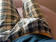 Twink junggol sex baby boy throbbing dick under his plaid trousers pajama