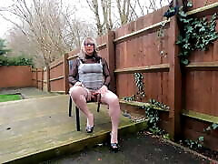 crossdresser Kellycd masturbating outdoors and cumming in her gray dress les pd kabyle pantyhose