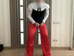 Sissy secretary in silk satin red wide leg trousers, high nurse gupta and school office blouse waiting her wife to be fucked