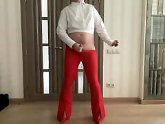 Flared red trousers and white crop blouse on tranny crossdresser femboy sissy ready for secretary job and all over her glasses party