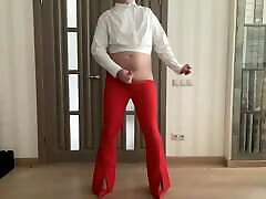 Flared red trousers and white crop blouse on tranny crossdresser femboy sissy ready for secretary job and school party