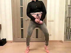 Femboy in grey celeb holywood nude back zipper jeans, high heels and black cropped blouse dancing masturbating and cum