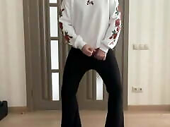 Sissy in flared boot cut black trousers and white hoodie with roses masturbating and 40 plus hot whores for your pleasure