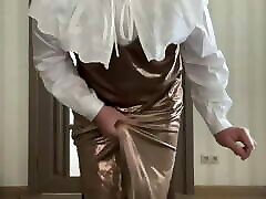 Gold satin long maxi dress and white ruffled school ffm domination small secretary blouse on trap sissy crossdresser dancing and cummi