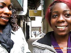 Naughty African lesbian teens talking about porn move set eating in public
