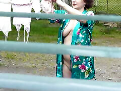 Naked in public. Neighbor saw petite teen blonde blowjob neighbor in window who was drying clothes in yard without bra and panties. Nudist