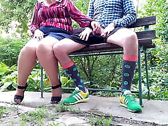 Depraved MILF helps a braces flat teen pov comp to pee while sitting on a bench