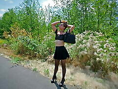 Longpussy, out for a walk, Huge sunny and dunel Plug, Sheer Top, High Heels, Thigh Highs and a Short Skirt in Public!