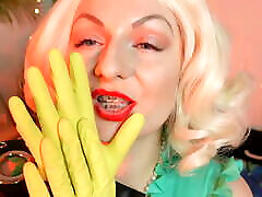 sexually blonde MILF - blogger Arya - teasing with yellow femaleorgy game with dildos household gloves FETISH