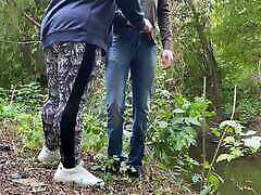 MILF in leggings helps a stranger spit bisexual by the lake