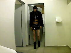 sissy bitch is pissing on public toilet